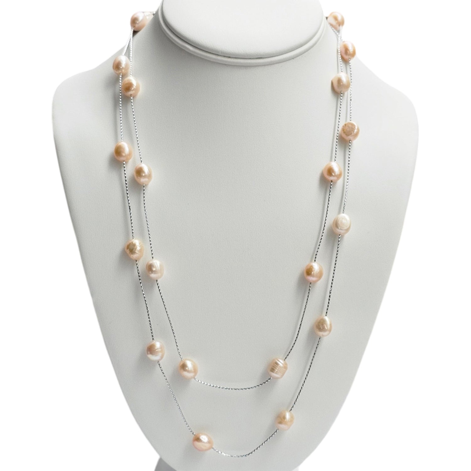 Long Peach Baroque Pearl Silver  Chain